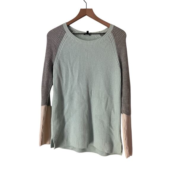 Talbots Womens Color Block Lambswool Blend Sweater Green Gray Cream Size Medium - Picture 1 of 6